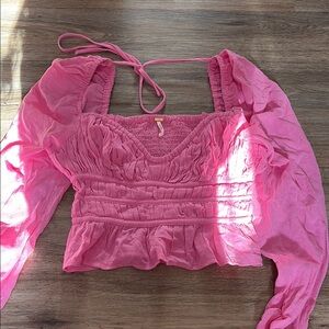 Free People Pink Smocked Long Sleeve Blouse